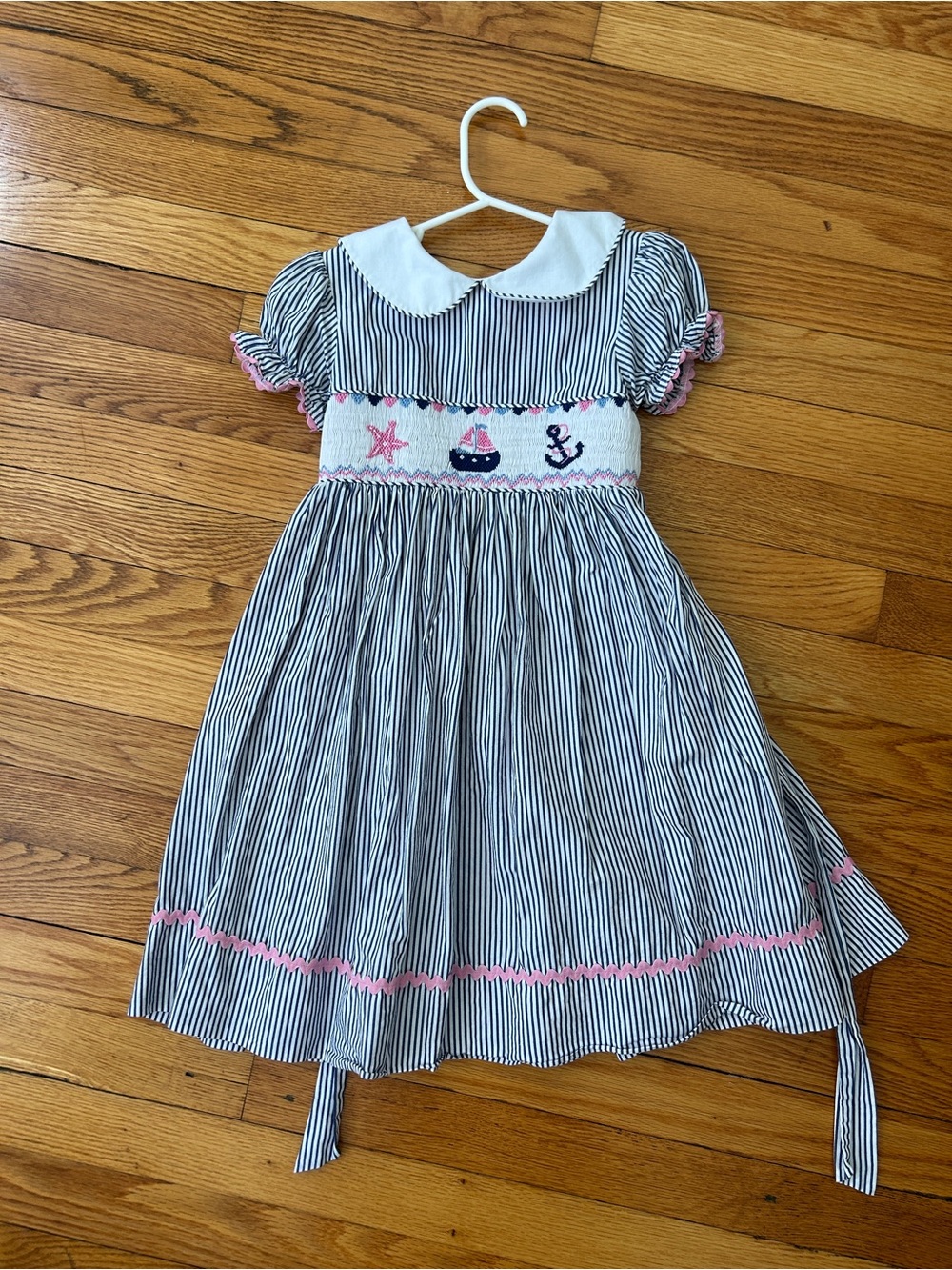 marmellata Navy and White Striped Smocked Sailboat Dress with Pink Trim
